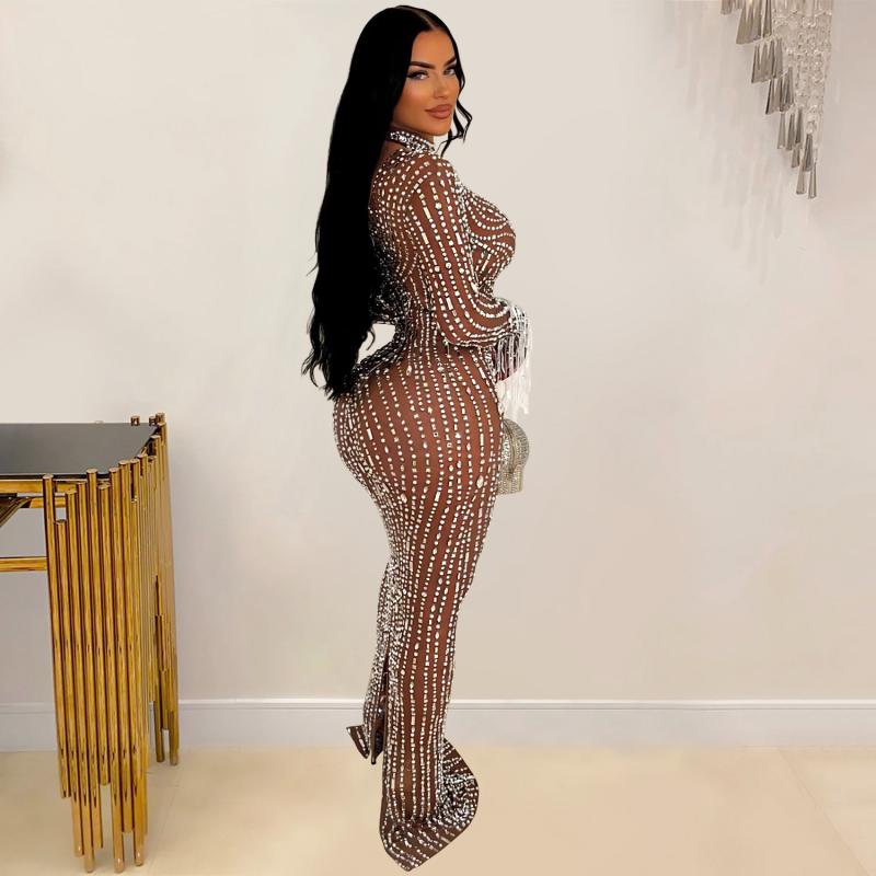 ワンピース レディース 秋 セクシー 透視 メッシュ ラインストーン ボディコン ヒップハグ ロング スタンドカラー ロングスリーブ ハイウエスト ペンシル ポリエステル 黒 杏