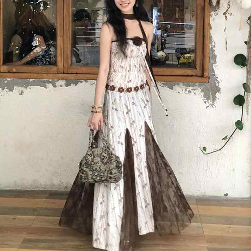 ワンピース レディース 夏 上品 通勤 レトロ リゾート風 花柄 オフショルダー ハイウエスト スリム見え 切り替え 網紗 ミドル丈 Aライン ノースリーブ ポリエステル 混紡 軽やか エレガント フェミニン スタイル