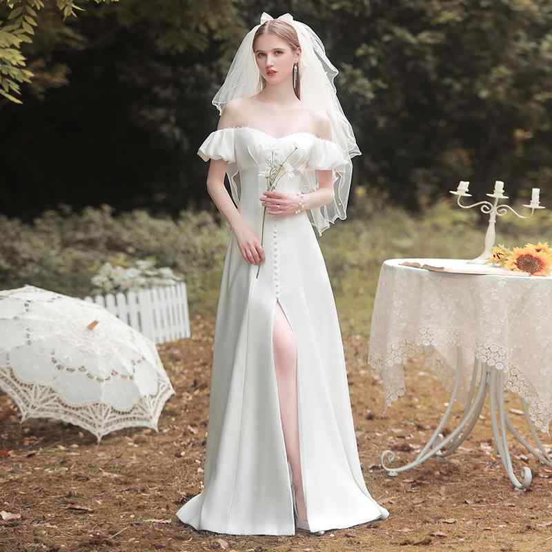 婚礼の儀お召しもの レディース フレンチ表現スタイル 分かりやすい 繻子原料品 オフショルダー ノースリーブ ロング丈 白 太陽フレアスコート 真っただ中酉の方角 シュロの葉 ポリエステル 夏 婚礼の儀 花嫁御寮 寄り合い ドレス-レディースファッション