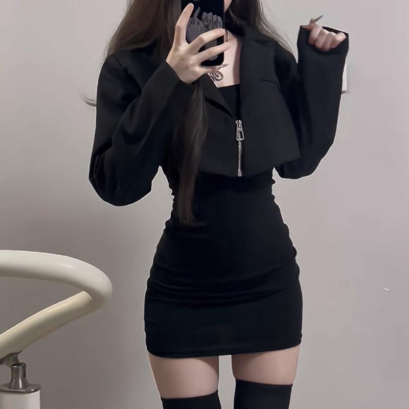 スカートセット レディース 春秋 通勤 オフィス かわいい セクシー スリム ボディコン ショートジャケット ヒップハグ ミニワンピース 長袖 ポリエステル 高級感 韓国 甘辛 エレガント