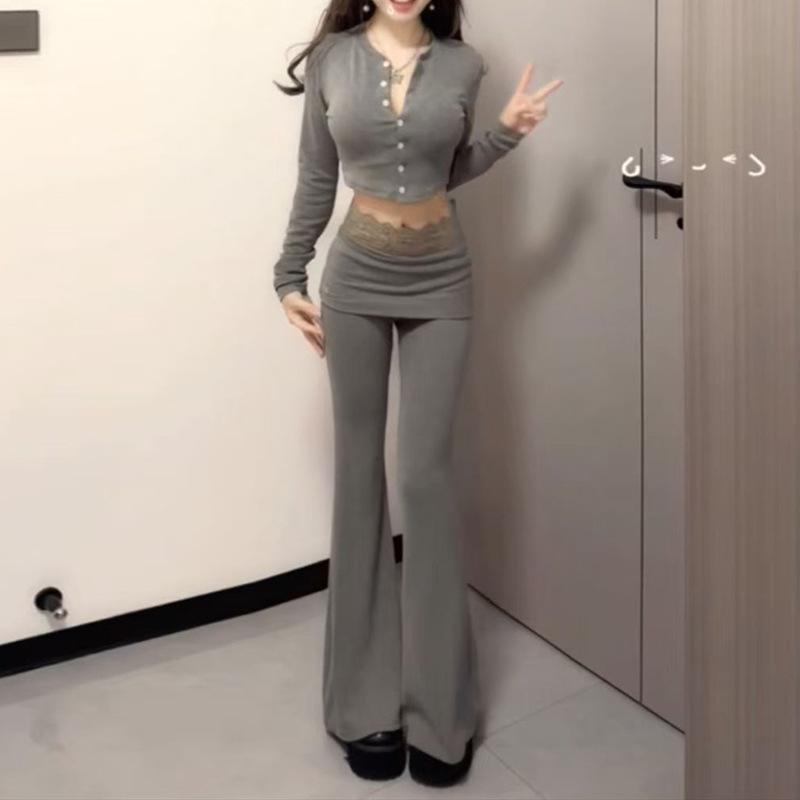パンツセット レディース 長袖 トップス ハイウエスト ロングパンツ スリム ショート丈 フレア 通勤 春 ポリエステル 無地 ボタン スタイル