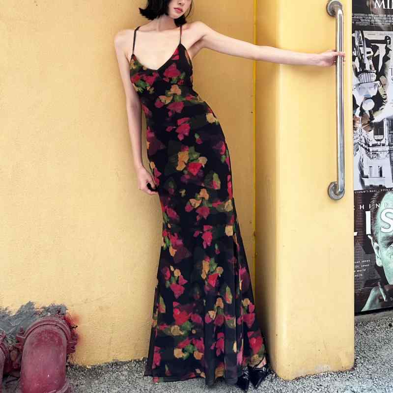 ワンピース レディース 夏 ロング マーメイド ストラップ 花柄 Uネック ノースリーブ 黒 ポリエステル 伸縮性 Aライン セクシー 欧米風 ストリート 普段使い