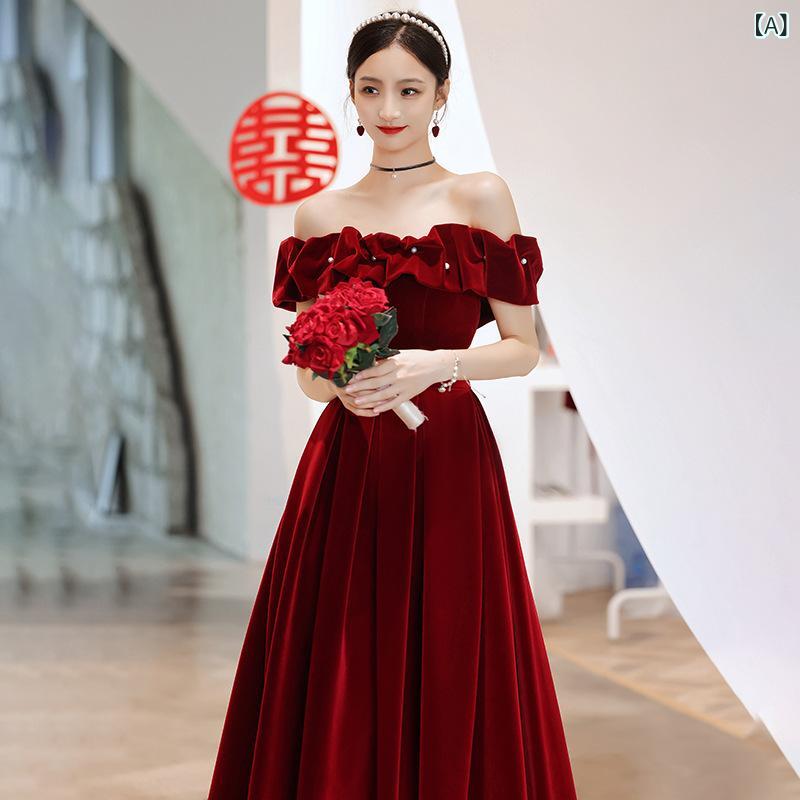 ワンピース レディース オフショルダー 七分袖 ハイウエスト フレア ロング ワインレッド 夏 結婚式 トーストドレス 新婦 小柄 婚約 パーティー イブニングドレス リボン