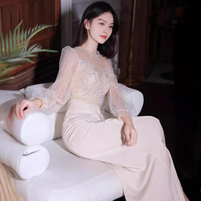 イブニングドレス レディース 結婚式 パーティー マーメイド ロング丈 シャンパン 3/4丈 ランタンスリーブ ウエストシェイプ ハイウエスト フィッシュテールスカート フォーマル 秋｜おうち健康生活
