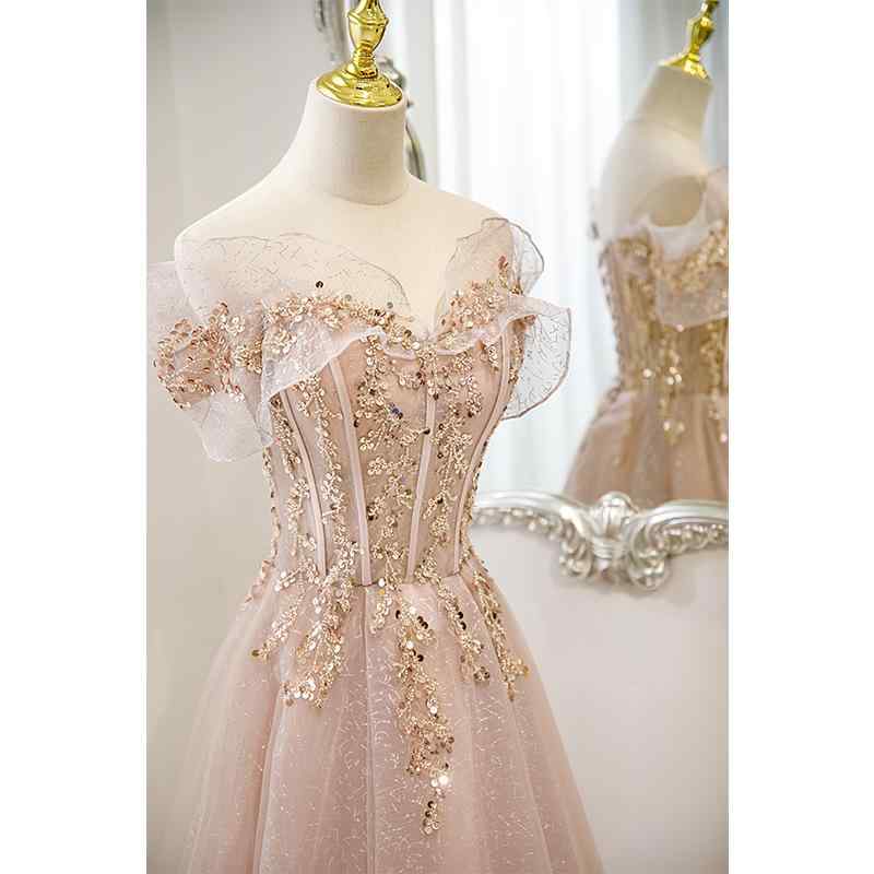 イブニングドレス レディース オフショルダー ピンク グレー 秋冬 ハイウエスト Aライン ロングスカート ノースリーブ スリムフィット 婚約 パーティー リボン フォーマル ガウン イベント
