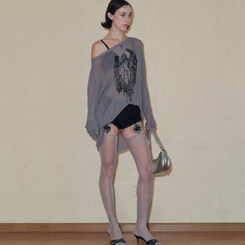 Tシャツ レディース 秋 黒 ルーズ オフショルダー 長袖 ミドル丈 ストリート ファッション トップス ポリエステル 伸縮性 切り替え 普段使い 軽量 吸湿速乾