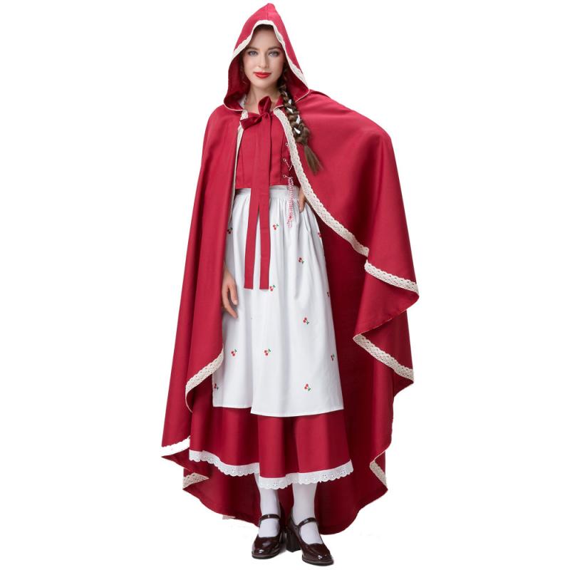 ハロウィン衣装 レディース 赤ずきん メイド コスプレ ワインレッド ケープ セット ポリエステル 合成繊維 かわいい 童話 パーティー 普段使い