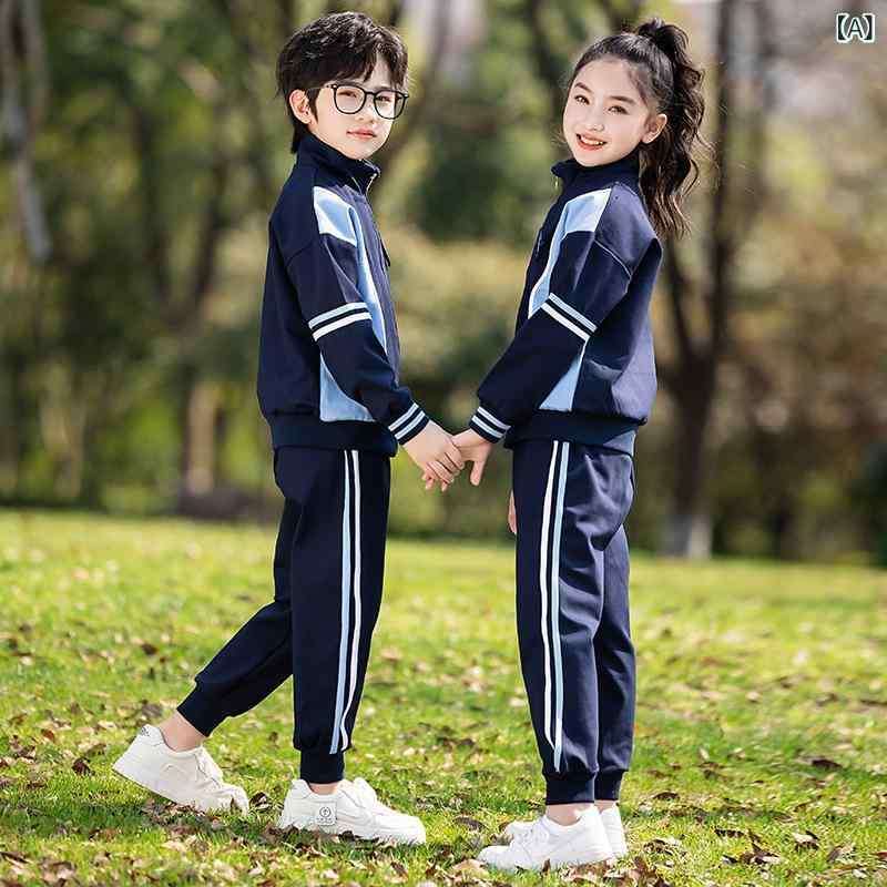 学校制服 小学生 男の子 女の子 深藍 子供 カジュアル 長袖トップス パンツ ジッパー クラス服 ユニフォーム スポーツ セット 綿素材 柔軟 フランネル 高級感 通学 普段使い 春秋 おしゃれ 快適