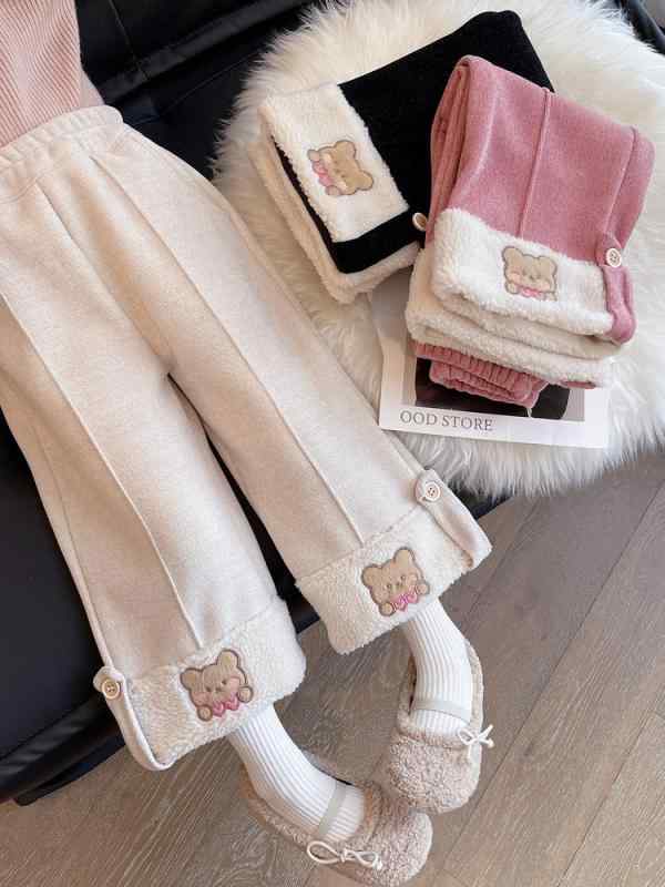 ワイドパンツ 女の子 冬 厚手暖かい 普段使い カジュアル コットン混紡 柔らかい素材 ワイドレッグ ロングパンツ スタイリッシュ プリンセス カートゥーン柄 純色 白 ピンク 黒
