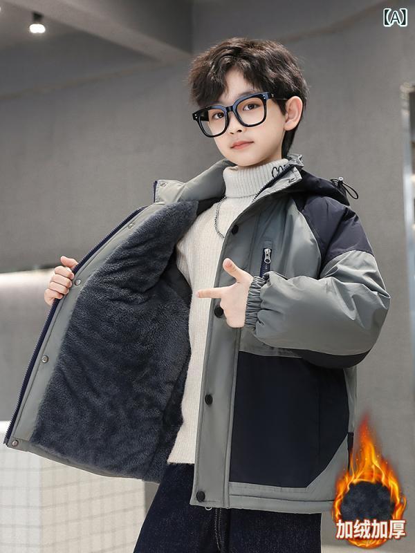男の子 パーカー 秋冬 厚手 綿入れ 長袖 フード ジッパー 中長 韓国 ストリート スタイル グレー ブラウン ポリエステル 混紡 柔らかい 素材 おしゃれ クール 普段使い アウトドア
