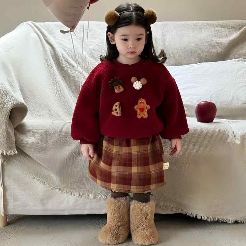 女の子 冬 セット 長袖 もこもこ トップス チェック スカート カートゥーン柄 動物柄 赤 厚手 柔らかい ポリエステル スポーツ かわいい 普段使い キッズ