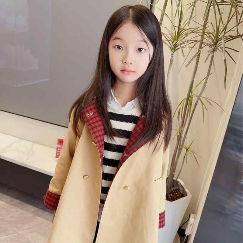 コート 男の子 女の子 チェック柄 トレンチコート ロング丈 カーキ 秋冬 ウール フード ラペル 長袖 綿 ポリエステル ダブルブレスト 起毛加工 ブリティッシュ 普段使い