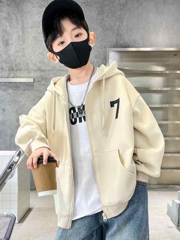 フード パーカー 男の子 子供服 大きめサイズ 春秋シーズン コットン 長袖 ジッパータイプ ショート丈 韓国スタイル 無地 ベージュ グリーン ネイビー おしゃれ 普段使い カジュアル
