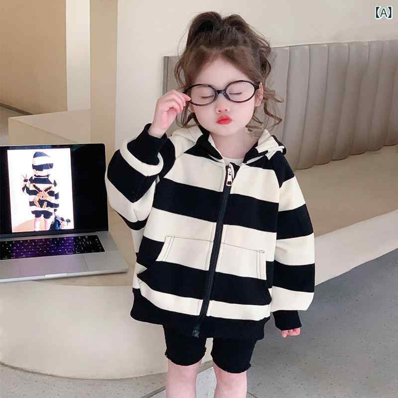 パーカー 女の子 キッズ 春 ストライプ柄 長袖 フード ジッパー カジュアル かわいい 柔らかい コットン混紡 ポリエステル ミドル丈 普段使い 合わせやすい