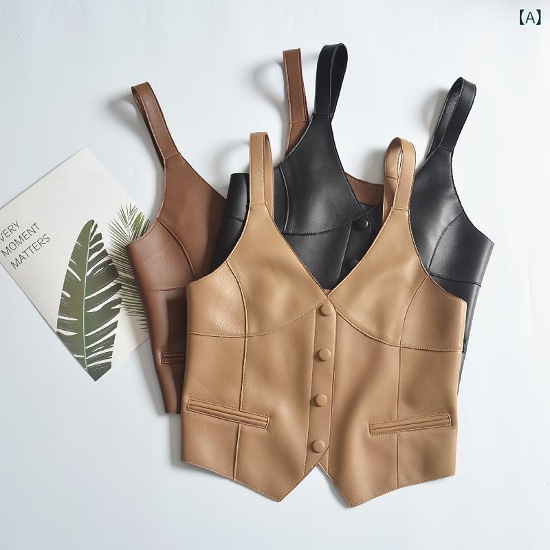 ノースリーブベスト 女の子 ジュニア Vネック 無地 シングルボタン 合成皮革 韓国 夏 柔らかい スタイリッシュ かわいい ブラウン カーキ 黒 普段使い レイヤード