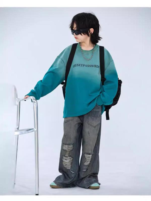 スウェット 男の子 女の子 春秋 長袖 クルーネック ゆったり おしゃれ カジュアル コットン ニット グラデーション プリント 緑 アルファベット