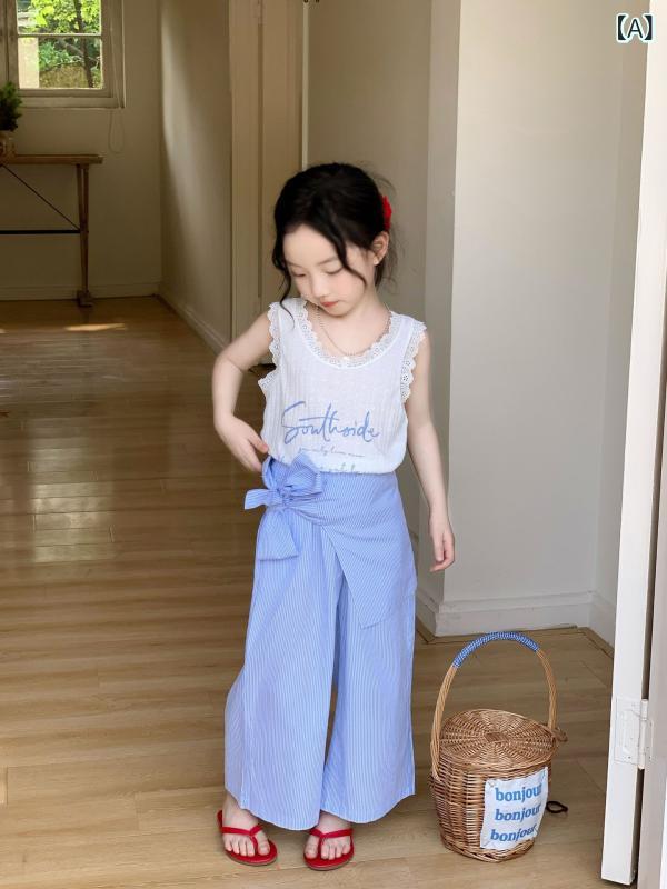 パンツ 女の子 夏 ワイドレッグ ストライプ柄 防蚊加工 ストレート ゆったり カジュアル 綿 柔らかい生地 ミッドウエスト ゴムウエスト かわいい トレンド 切り替え スカイブルー 普段使い アウトドア