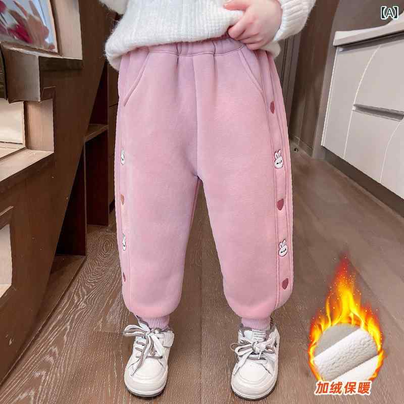 パンツ 女の子 秋冬 厚手 綿混 ハイウエスト 長丈 裏起毛 暖か 柔らかい カジュアル 普段使い ピンク アイボリー カートゥーン調柄 おしゃれ 4,125円