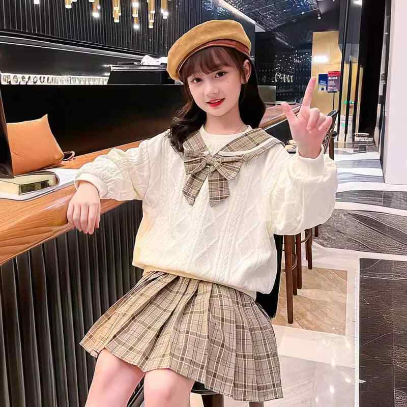 制服セット 女の子 秋 長袖 チェック柄 コットン混紡 柔らかい 普通厚 学院風 スカート トップス カーキ 青 普段使い かわいい 学校風