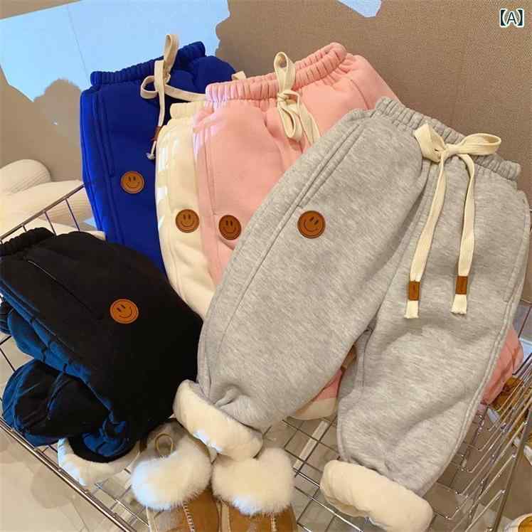 Bクラス 暖かいパンツ 男の子 女の子 冬 厚手 三層構造 綿入り 厚手 長丈ズボン ポリエステル混紡 グレー ピンク ブラック かわいい笑顔プリント 韓国スタイル 普段使い