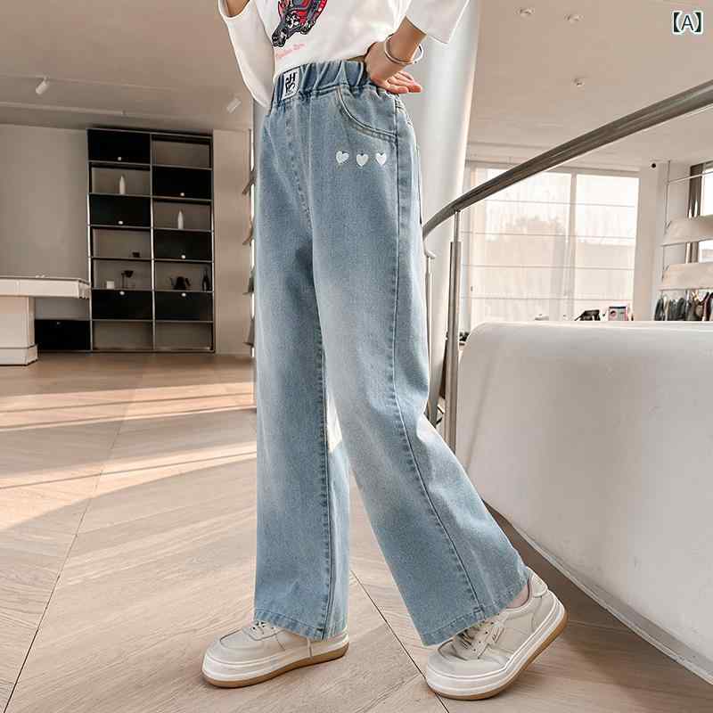 パンツ 女の子 デニム ストレート ワイドレッグ ロング 綿混 柔らかい 春秋 無地 アルファベット プリント 花柄 カートゥーン スポーツ おしゃれ 普段使い ライトブルー ブラック ホワイト