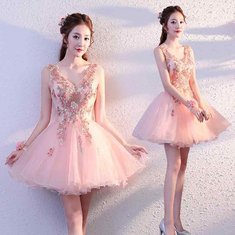 パーティードレス レディース イブニングドレス 短め フレアスカート Vネック ノースリーブ レース ピンク ポリエステル 会社パーティー 誕生日パーティー 春