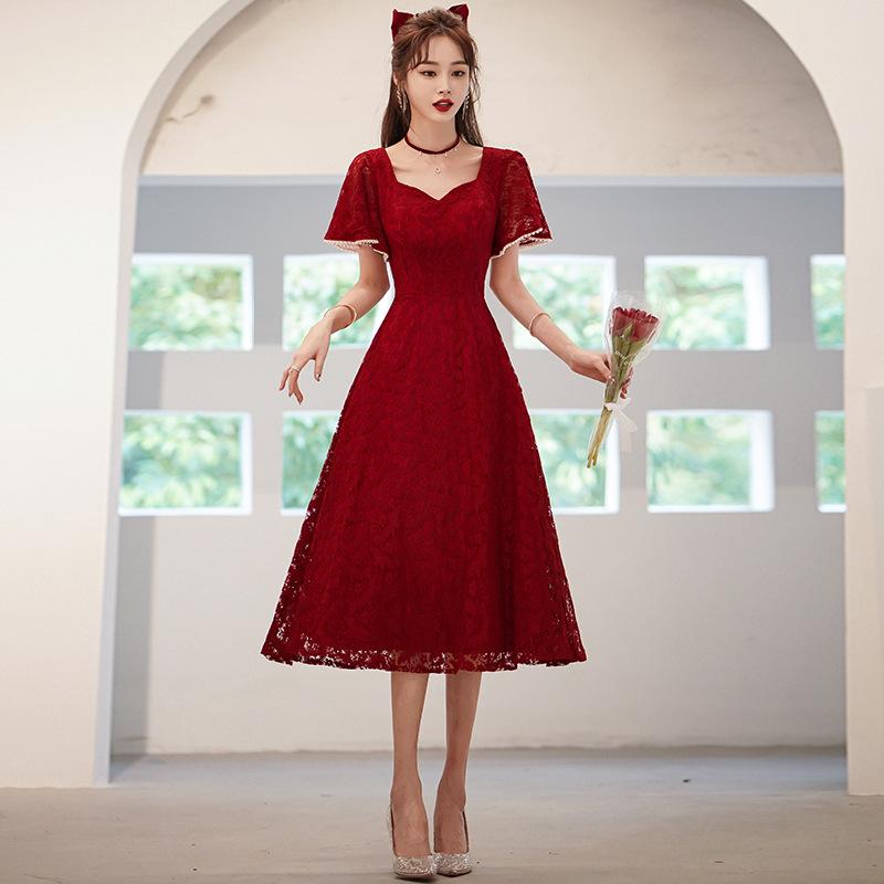 ワンピース レディース 秋冬 婚約 敬酒服 回門 小礼服 レース ハイウエスト プリンセスライン 3/4袖 ラッパ袖 ロング丈 ポリエステル タイバック ワインレッド 白 シャンパン 普段使い