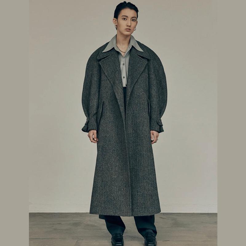 ウールコート レディース 秋冬 ロング丈 ヘリンボーン柄 パフスリーブ ルーズフィット 西装? タイ 中厚 通勤風 韓国 キャメル グレー ウール95% 上品 |おうち健康生活