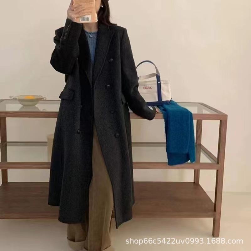 ウールコート レディース リバーシブル 厚手 ロング丈 スーツカラー ダブルブレスト ストレートショルダー ルーズフィット 通勤 ポケット 暖か アウター 冬 ミルクホワイト ブラック