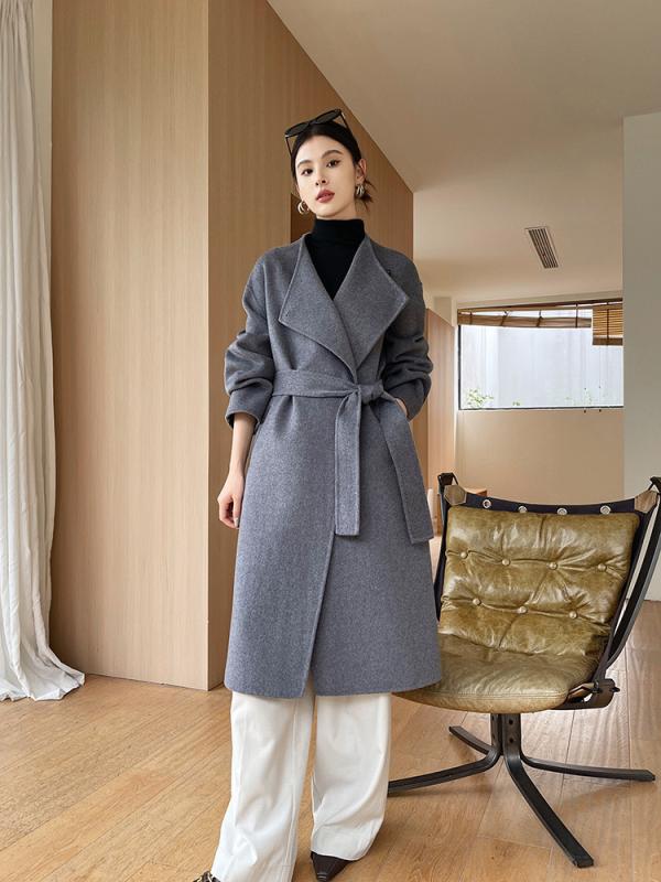 毛織りコート レディース ロング丈 ラペル 大型 ダブルフェイス ウール 秋冬 ゆったり風 韓系 カジュアル ウエストベルト 中厚 長袖 純色 黒 グレー カーキ 高級感 手工縫製 エレガント 普段使い