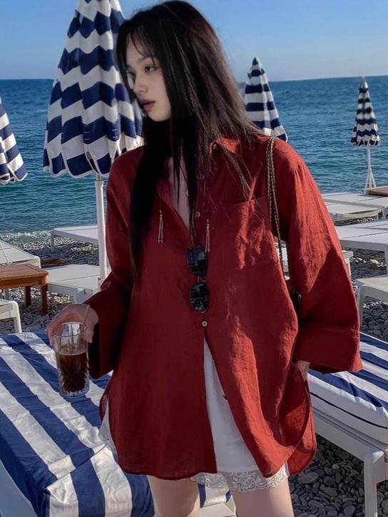 シャツ レディース テンセル ラミー ルーズ ドロップショルダー 長袖 ラペル 通勤 夏 朱紅 ノンアイロン 微プリーツ ショーツ セット 中長丈 基本款 単排ボタン