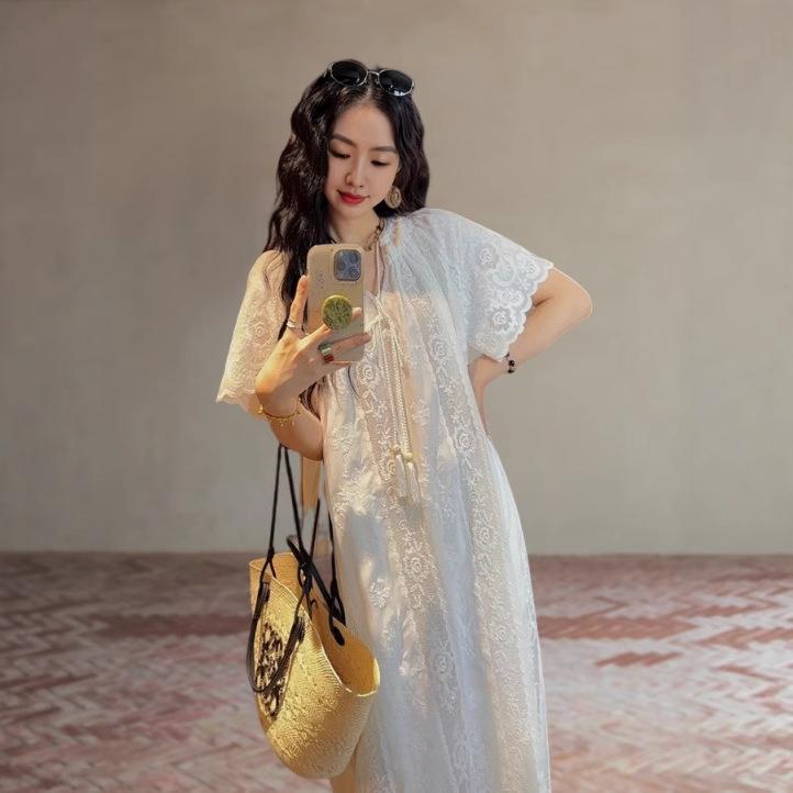 ワンピース レディース 夏 ロング丈 Aライン Vネック ラグラン袖 半袖 凝った刺繍 フリンジ 高級感 シェルホワイト ポリエステル 無地 プルオーバー 通勤 リゾート ゆったりフィット
