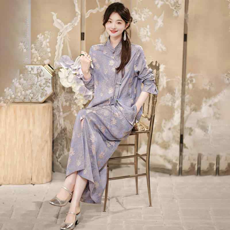 レディース ツーピースセット スタンドカラー 提花 ブラウス ロング スカート 植物 花柄 通勤 春夏 紫 長袖 ビスコース 混紡 ポリエステル