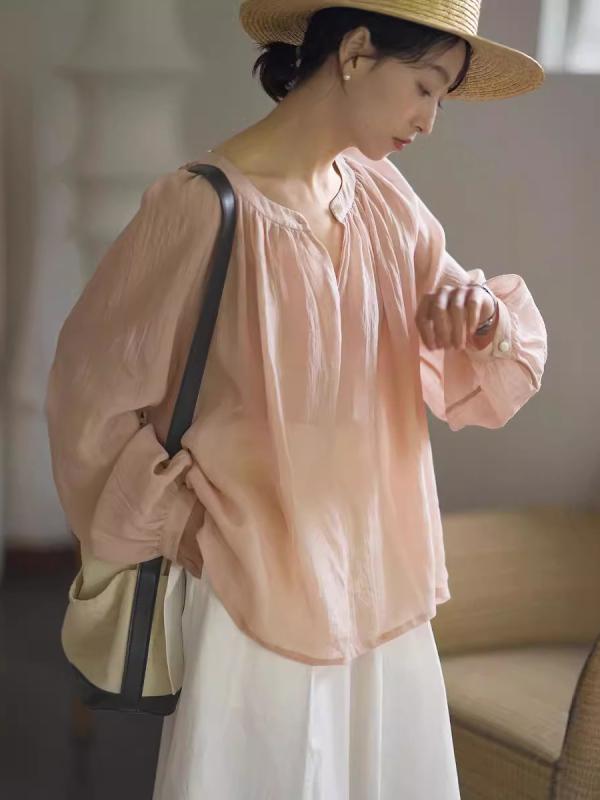 シャツ トップス レディース 長袖 ラミー麻 しわ加工 ゆったり UVカット 通勤 シック フレア袖 丸首 無地 ピンク パープル ライトブルー 春