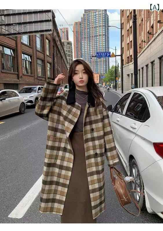 ウールコート レディース チェック柄 ダブルフェイス ロング丈 ゆったりシルエット 厚手 長袖 ダブルブレスト ラペル ポケット 韓国 カジュアル 秋冬 高級感 普段使い