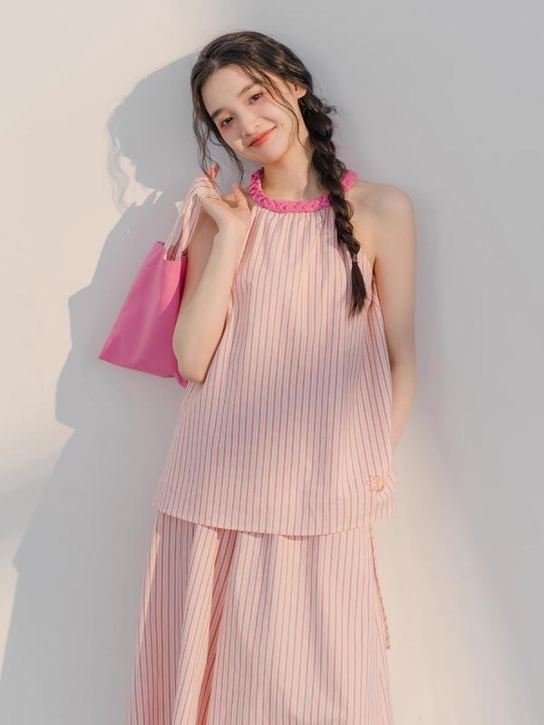 セットアップ レディース 夏 ピンク ストライプ プリント 切り替え ハルターネック ノースリーブ ブラウス スカートパンツ コットン 通勤 普段使い カジュアル 上品