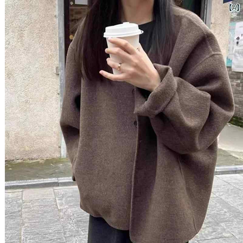 ウールコート レディース 秋冬 ロング丈 Vネック ロングスリーブ フレアスリーブ レトロ エレガント スリム ブラウン アクリル 通勤 普段使い アーバン カジュアル スタイル