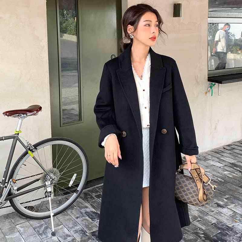 ウールコート レディース ロング丈 ウール 双面 通勤風 韓国 春 黒 ピンク ブラウン 無地 スリムフィット ラペルカラー 長袖 ラグランスリーブ エレガント 普段使い 軽量 高級感