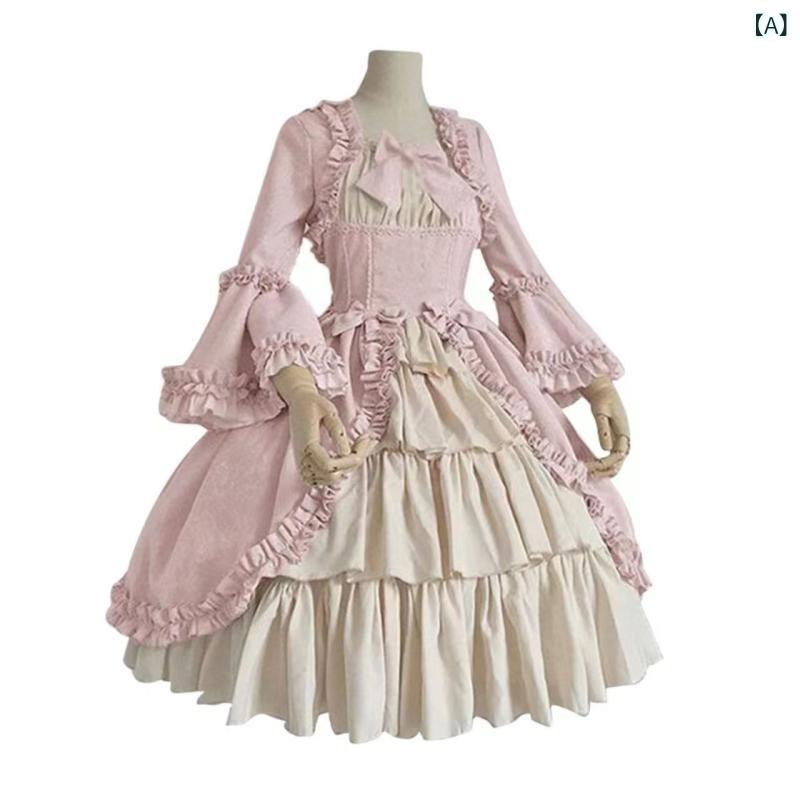 ワンピース レトロ ゴシック 宮廷 スクエアネック ミッドウエスト 切り替え 蝶結び 甘め フレア ロング Aライン ベルスリーブ 七分袖 ツートン ピンク 孔雀緑 ポリエステル 秋