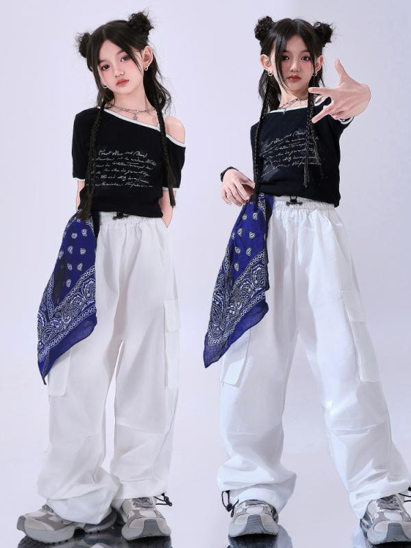 ダンス服 女の子 夏 黒 オフショルダー 半袖 トップス 白 メッシュ パンツ セット ジャズダンス ストリートダンス ステージ衣装 プリント レタリング クール 子供 ランウェイ ファッション かわいい 普段使い