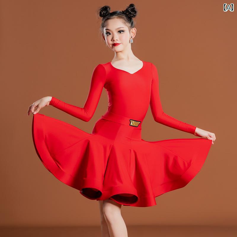 ラテン舞服 女の子 長袖 大きなスカート フレア ナイロン 春夏 赤 紫 ピンク 子供 ダンス競技 練習着 伸縮性 軽量 プロ仕様