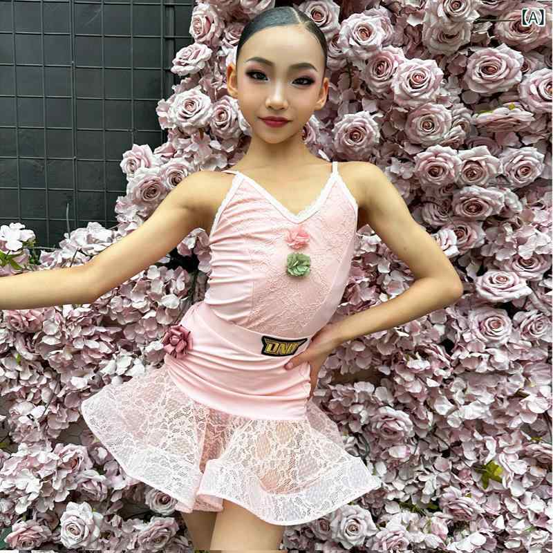 ラテン舞服 子供 女の子 夏 セパレート 練習着 ダンススカート パフォーマンス衣装 レッスンウェア 薄ピンク レース 花柄 ナイロン かわいい 軽量 伸縮性