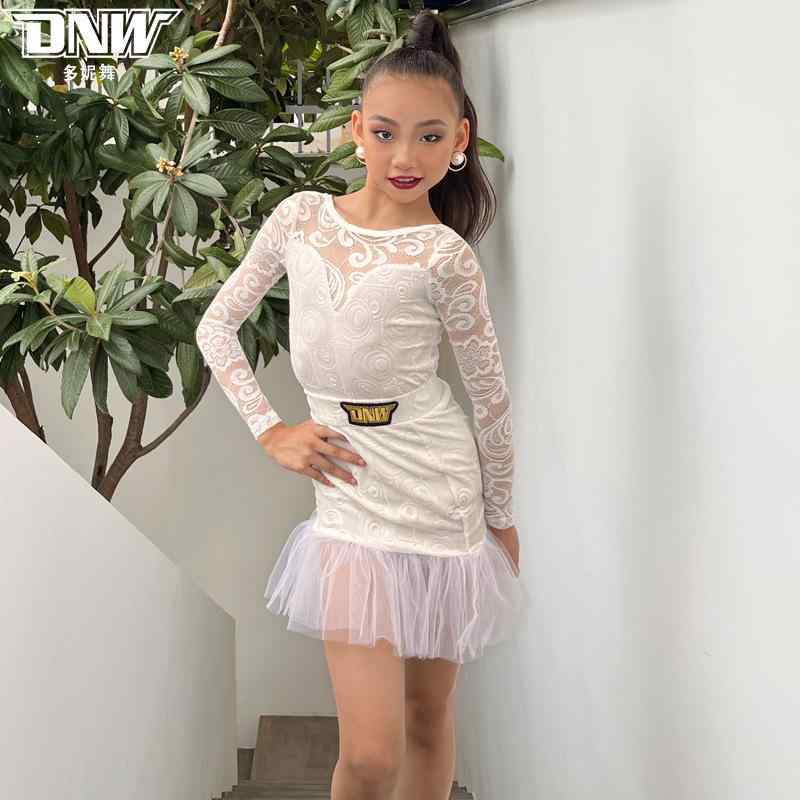 ダンス衣装 女の子 キッズ ジュニア 高級感 ラテンダンス スカート 練習着 プロフェッショナル パフォーマンス ステージ 白 レース セット ナイロン かわいい おしゃれ 春 秋 冬 発表会