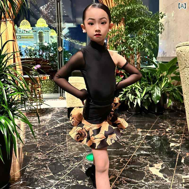 ラテン舞スカート 女の子 子供 練習着 ダンス レッスン ウェア トレーニング クラス スタジオ ステージ ショー 公演 演出 服装 春夏 黒 メッシュ チュール プリント 柄