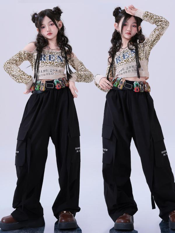 ダンス衣装 女の子 ジャズダンス ストリートダンス 夏 ヒョウ柄 半袖 トップス 黒 パンツ ネックレス セット かわいい クール スタイリッシュ キッズ パフォーマンス
