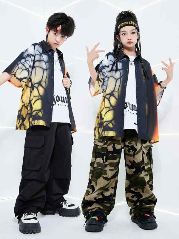 ダンス衣装 子供 男の子 女の子 ヒップホップ ストリート トレンド ファッション セット 綿素材 柔らかい ジャケット ロングパンツ 半袖Tシャツ オールシーズン 黒 迷彩 白 おしゃれ