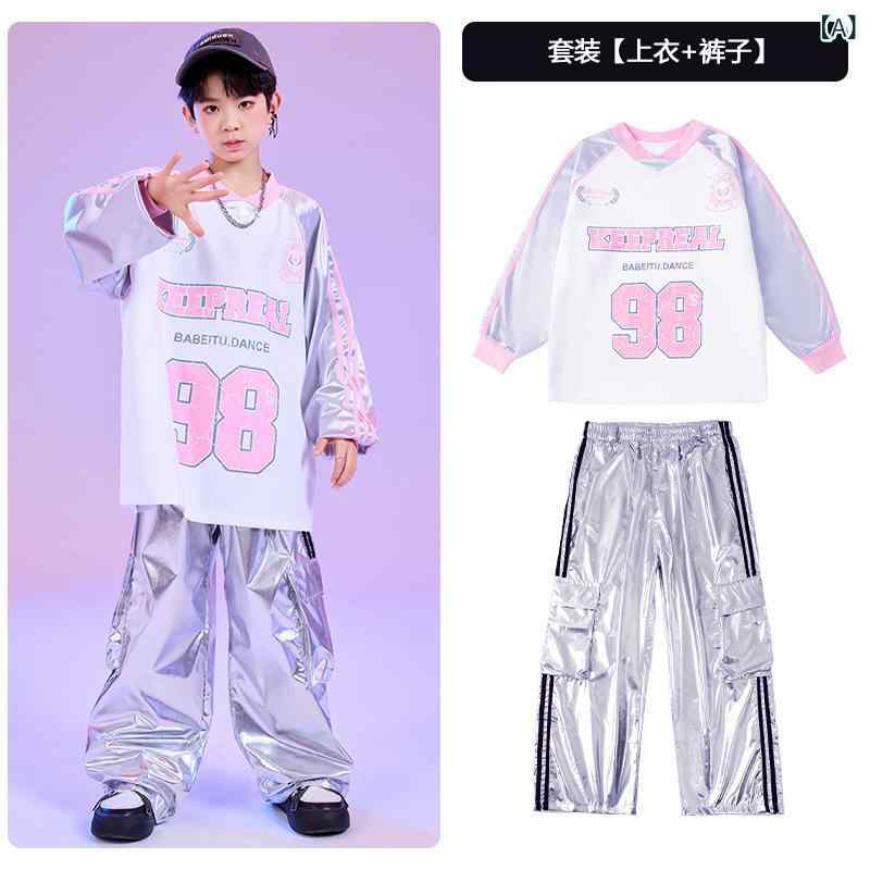 ダンス服 子供 男の子 女の子 ヒップホップ ジャズダンス 練習着 セット ストリートスタイル 切り替え 綿 柔らかい オールシーズン ピンク 銀 黒 の商品写真