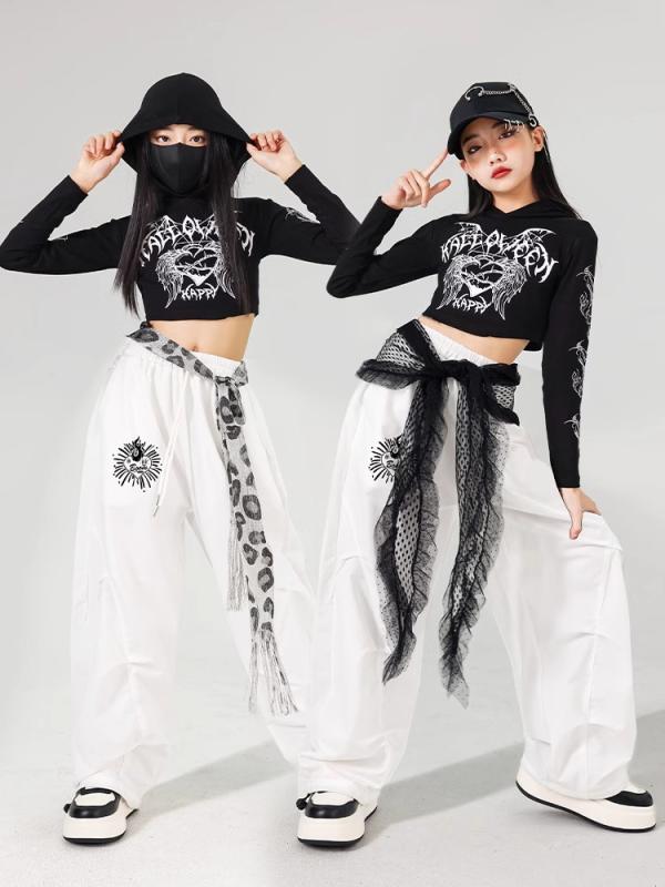 ジャズダンス服 男の子 女の子 ストリートダンス 練習着 パフォーマンス衣装 フード ゴシック 長袖 トップス ハイウエスト フレア パンツ セット ポリエステル 柔軟 黒 白 オールシーズン
