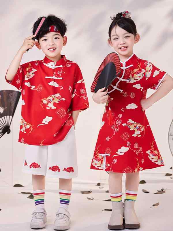ダンス服 キッズ 男の子 女の子 中国風 漢服 祥雲柄 半袖上着 短パン セット チャイナドレス 綿 柔らかい素材 赤 白 オールシーズン 幼稚園 ストリートダンス 学校行事 かわいい