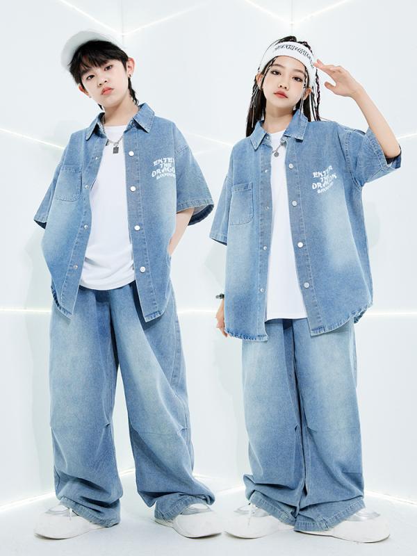 ダンス衣装 子供 男の子 女の子 デニム ジャケット ロングパンツ セット ストリートダンス ヒップホップ 綿 素材 柔らかい 伸縮性 オールシーズン 普段使い カジュアル スタイル